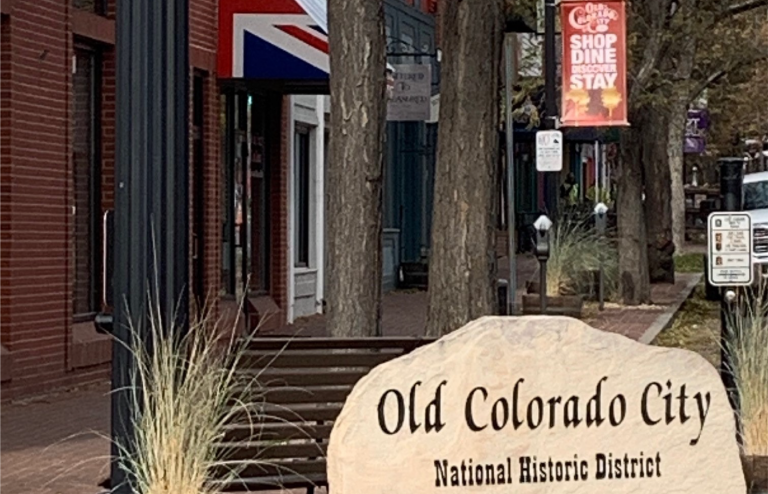 a laser engraved sign in rock that says old colorado city in Colorado Springs